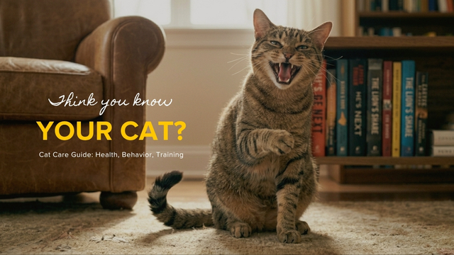 Cat care guide showing healthy cat behavior feeding grooming training and nutrition for happy indoor cats